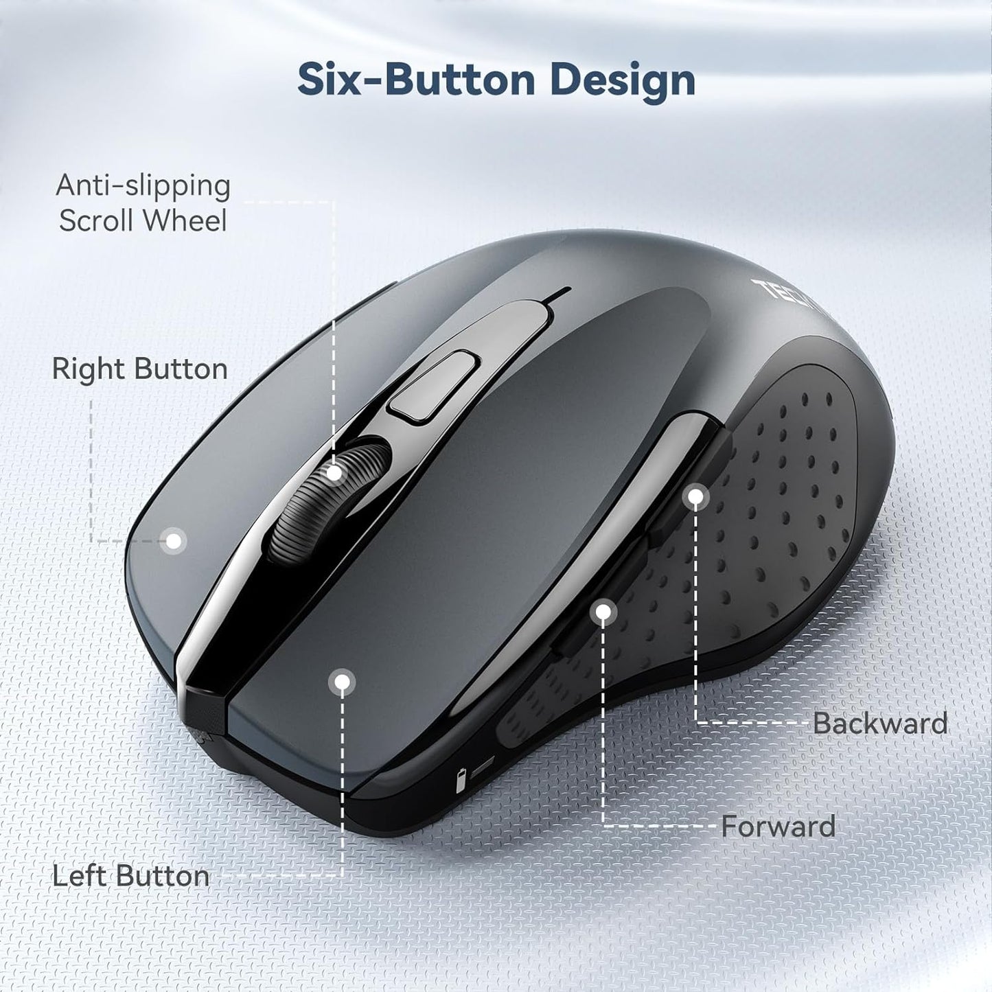 TECKNET Wireless Mouse, 2.4GHz Ergonomic Computer Mouse, Portable Cordless Mice, Mouse for Laptop, 6 Buttons USB Mouse for Chromebook, Ergo Grip, 24 Months Battery - Grey