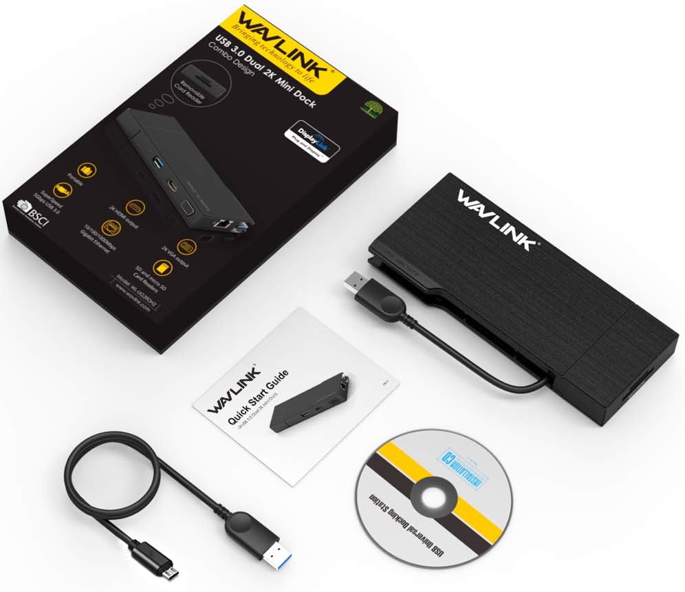 *** USED *** WAVLINK USB 3.0 Docking Station Dual Display HDMI | VGA with Gigabit Ethernet, USB 3.0 Port, Removable Card Reader, HDMI up to 2560x1440 and VGA 1920x1200 Support Windows and MacOS