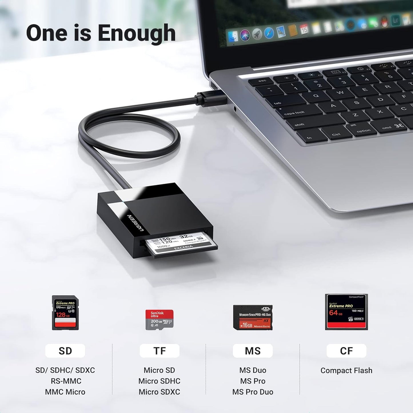 UGREEN SD Card Reader USB 3.0 Card Hub Adapter 5Gbps Read 4 Cards Simultaneously CF, CFI, TF, SDXC, SDHC, SD, MMC, Micro SDXC, Micro SD, Micro SDHC, MS, UHS-I (Black)