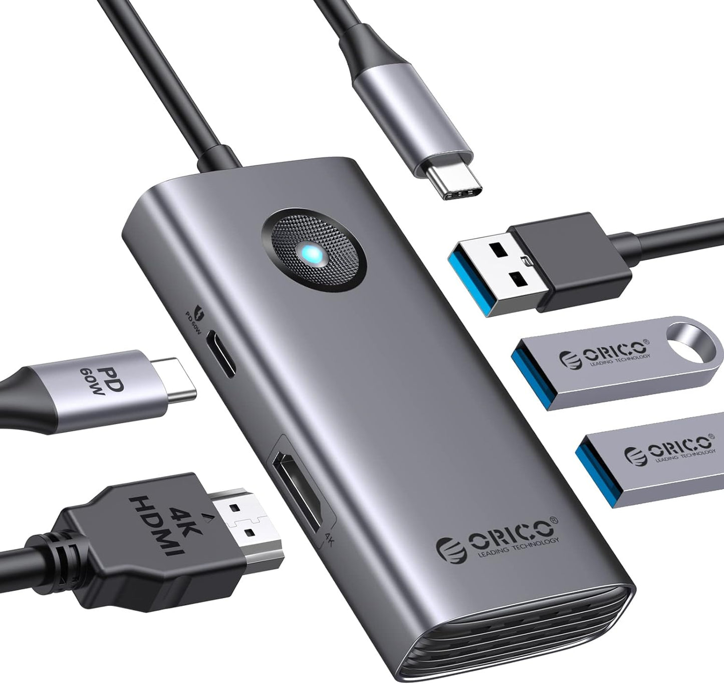 USB C Hub, ORICO 5 in 1 USB C Docking Station with 4K HDMI, 60W Power Delivery, USB 3.0 5 Gbps and 2 USB 2.0 Data Ports USB C Dock for MacBook Air, MacBook Pro, XPS, and More Type-C Devices