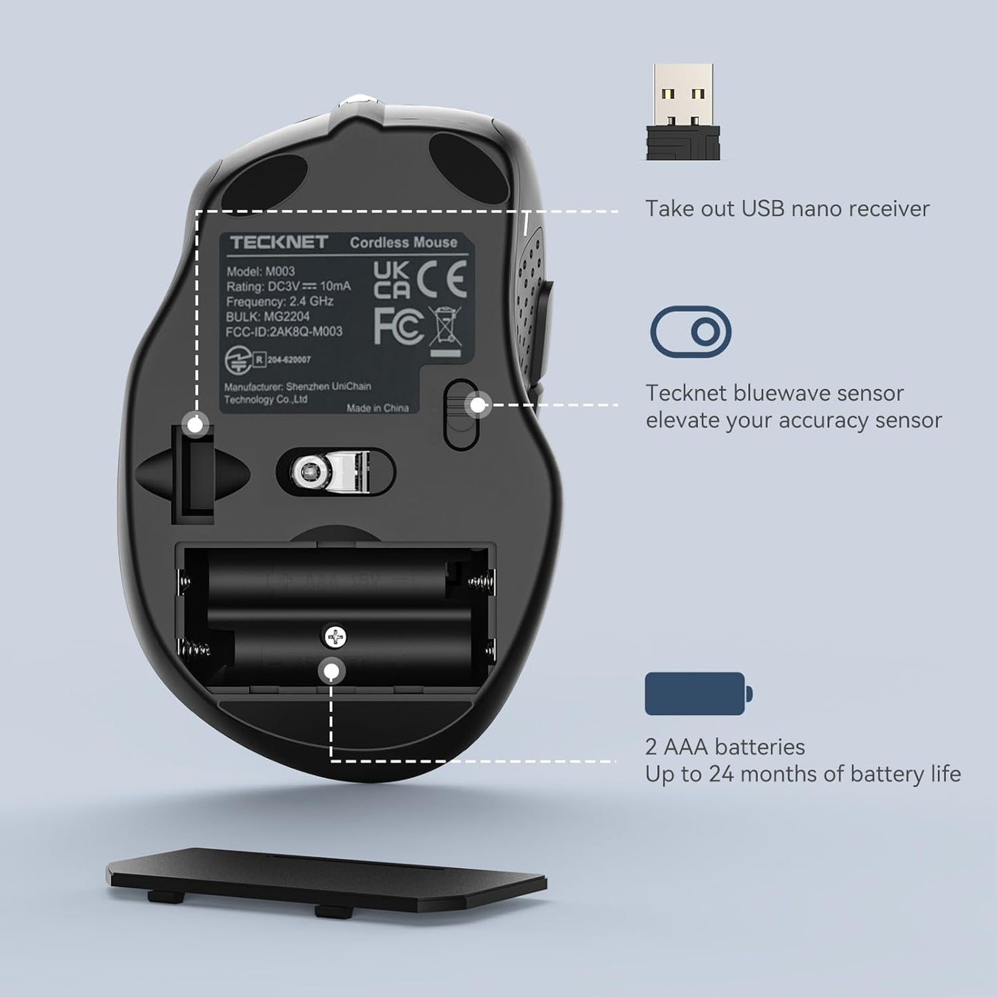 TECKNET Wireless Mouse, 2.4GHz Ergonomic Computer Mouse, Portable Cordless Mice, Mouse for Laptop, 6 Buttons USB Mouse for Chromebook, Ergo Grip, 24 Months Battery - Grey