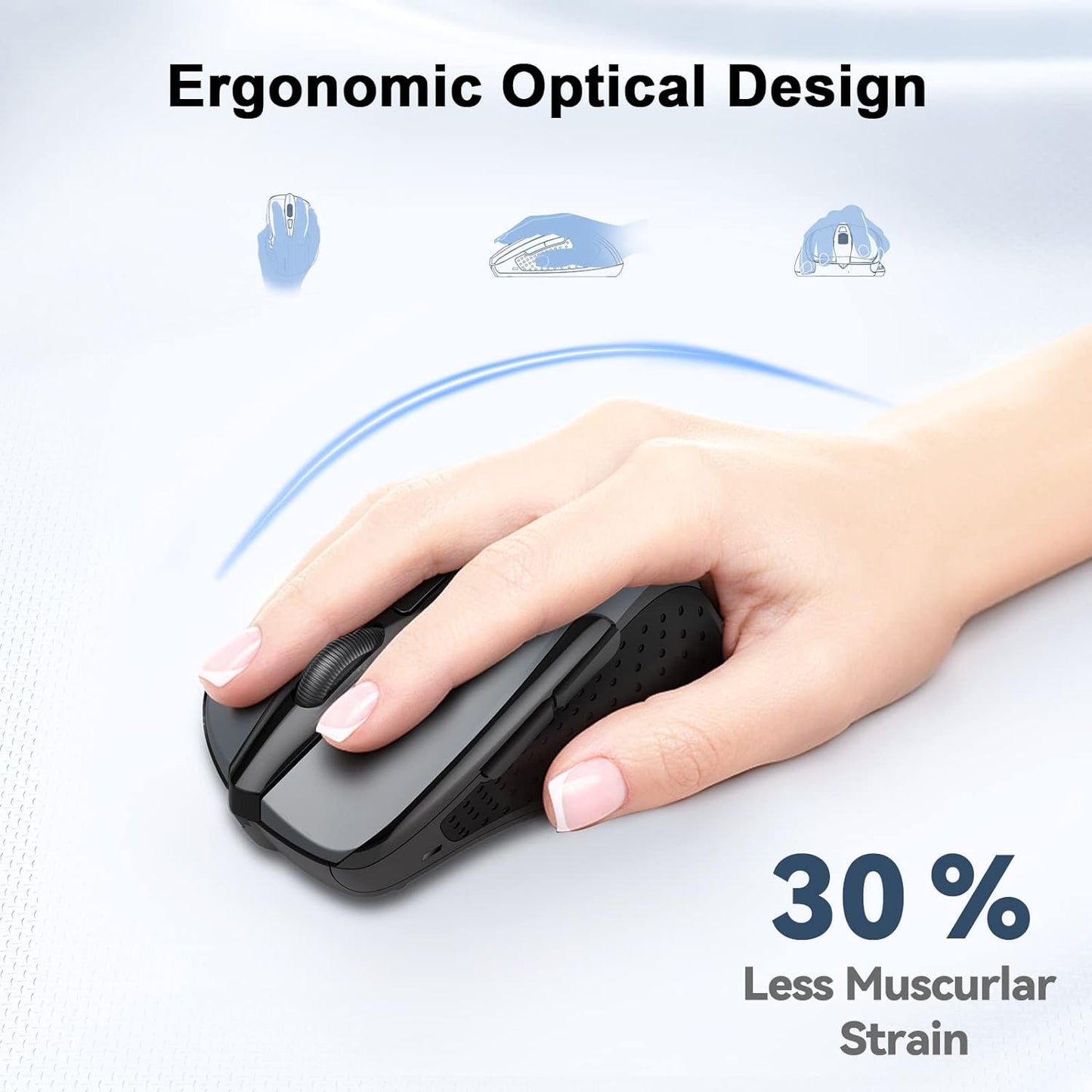 TECKNET Wireless Mouse, 2.4GHz Ergonomic Computer Mouse, Portable Cordless Mice, Mouse for Laptop, 6 Buttons USB Mouse for Chromebook, Ergo Grip, 24 Months Battery - Grey