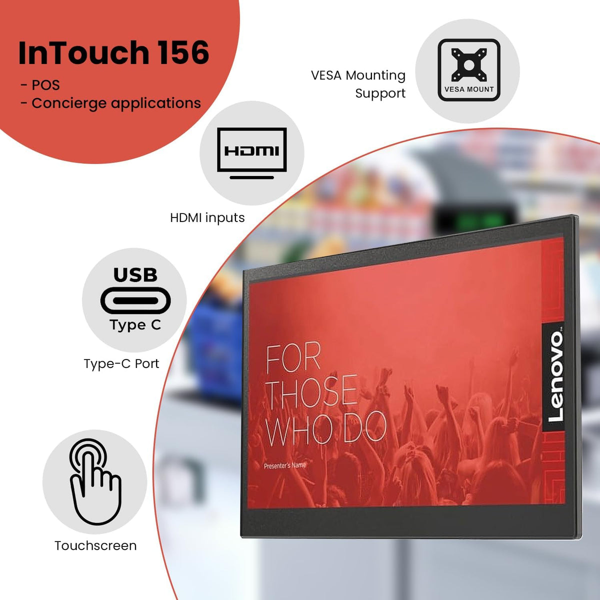 Lenovo 15.6" FHD Touchscreen LCD Monitor – InTOUCH Series, 1920x1080, 10-Point Multi-Touch, USB-C & HDMI, True Flat Design, VESA Mount, Perfect for POS, Retail, Office, Restaurant, Gym, and Kiosks