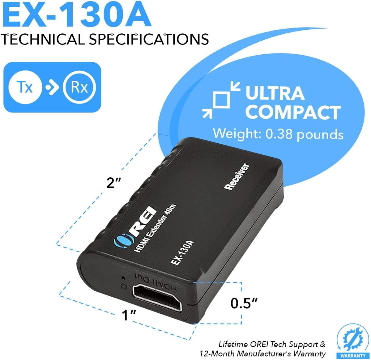 OREI HDMI Over Ethernet Extender– HDMI 1.4 with 1080p@60Hz Resolution, Power Over Cable - HDMI Over CAT6 Extension Up to 131 feet (EX-130A)