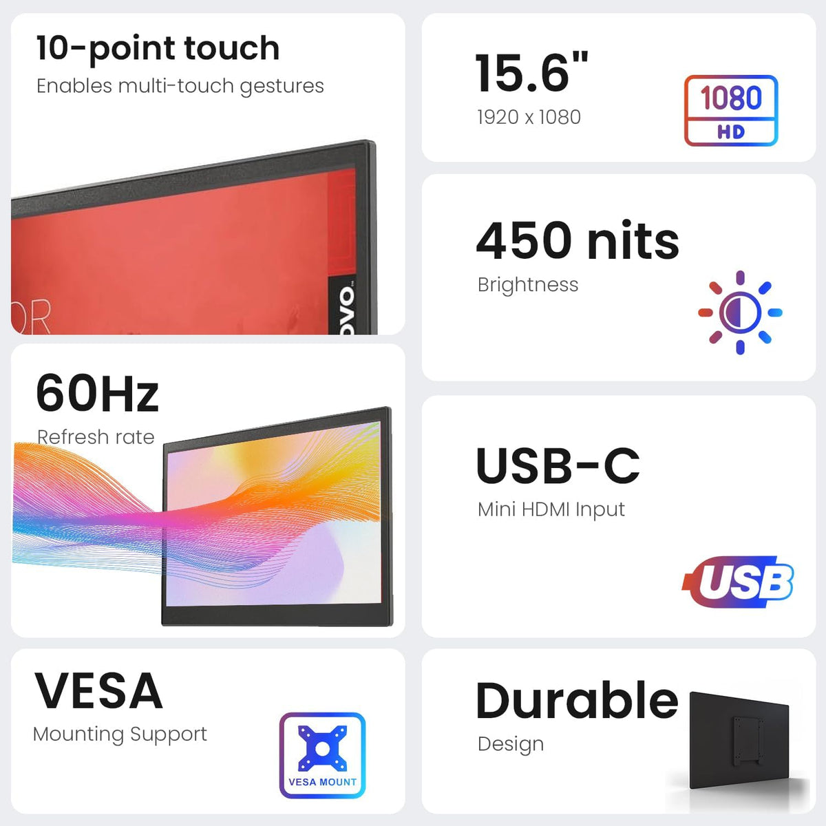Lenovo 15.6" FHD Touchscreen LCD Monitor – InTOUCH Series, 1920x1080, 10-Point Multi-Touch, USB-C & HDMI, True Flat Design, VESA Mount, Perfect for POS, Retail, Office, Restaurant, Gym, and Kiosks