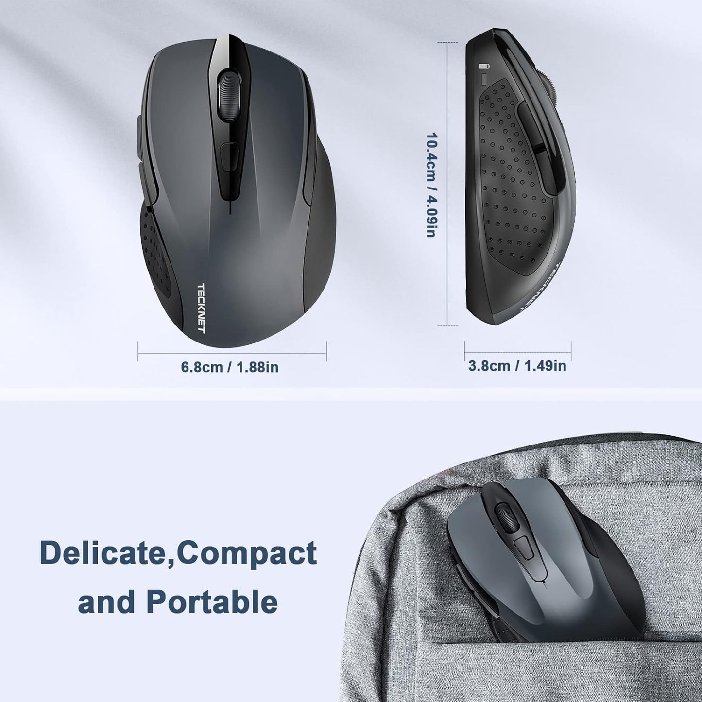 TECKNET Wireless Mouse, 2.4GHz Ergonomic Computer Mouse, Portable Cordless Mice, Mouse for Laptop, 6 Buttons USB Mouse for Chromebook, Ergo Grip, 24 Months Battery - Grey