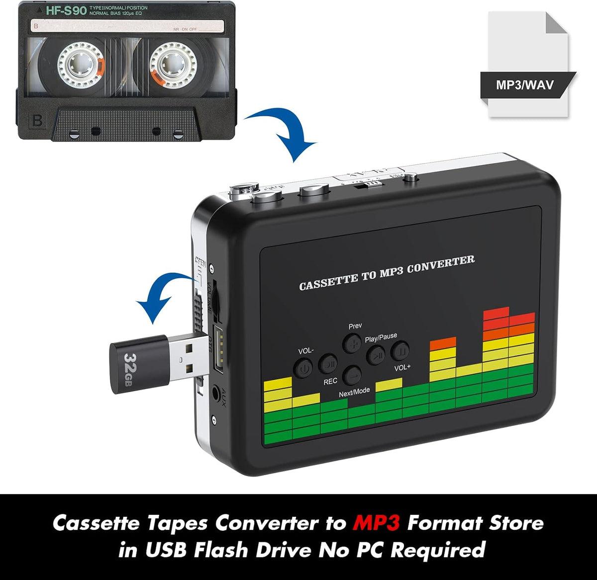 *** USED *** DIGITNOW USB Cassette Player, Portable Walkman Stereo Tape to MP3 Converter, Audio Music Recorder to MP3 Digital File Converter with Earphones, No PC Required, Black, BR607