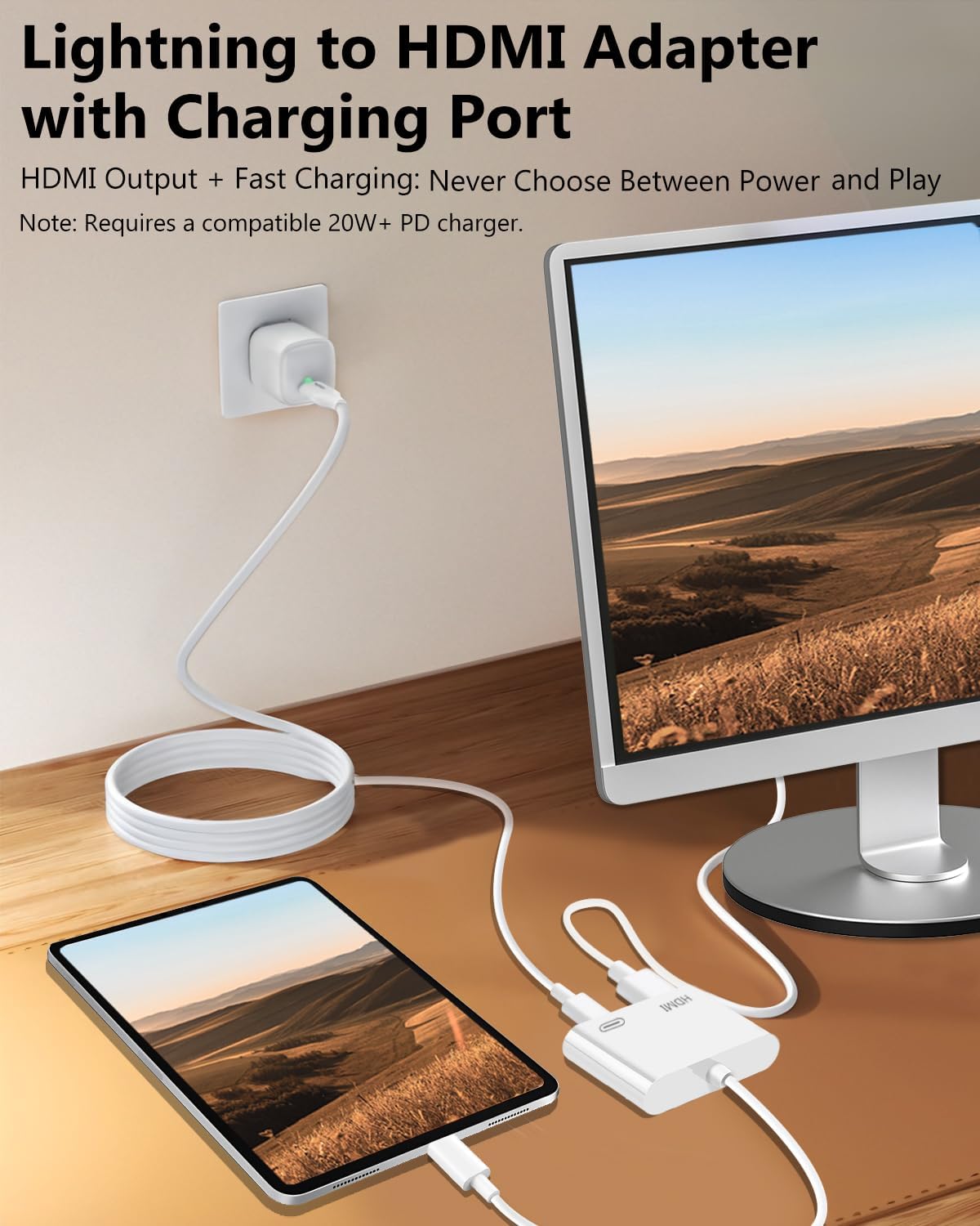 Lightning to HDMI Adapter for iPhone, [Apple MFi Certified] Digital AV Dongle,1080P Sync Screen Cable with Lightning Charging Port for iPhone, iPad to TV/Projector/Monitor No Need Power Supply